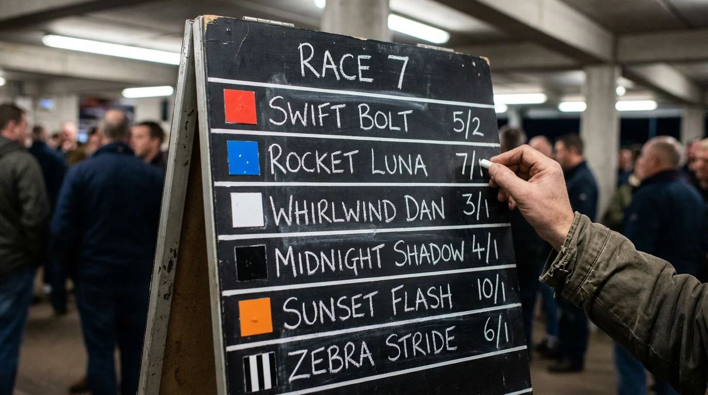 Bookmaker odds board at a greyhound stadium showing fractional prices for six traps