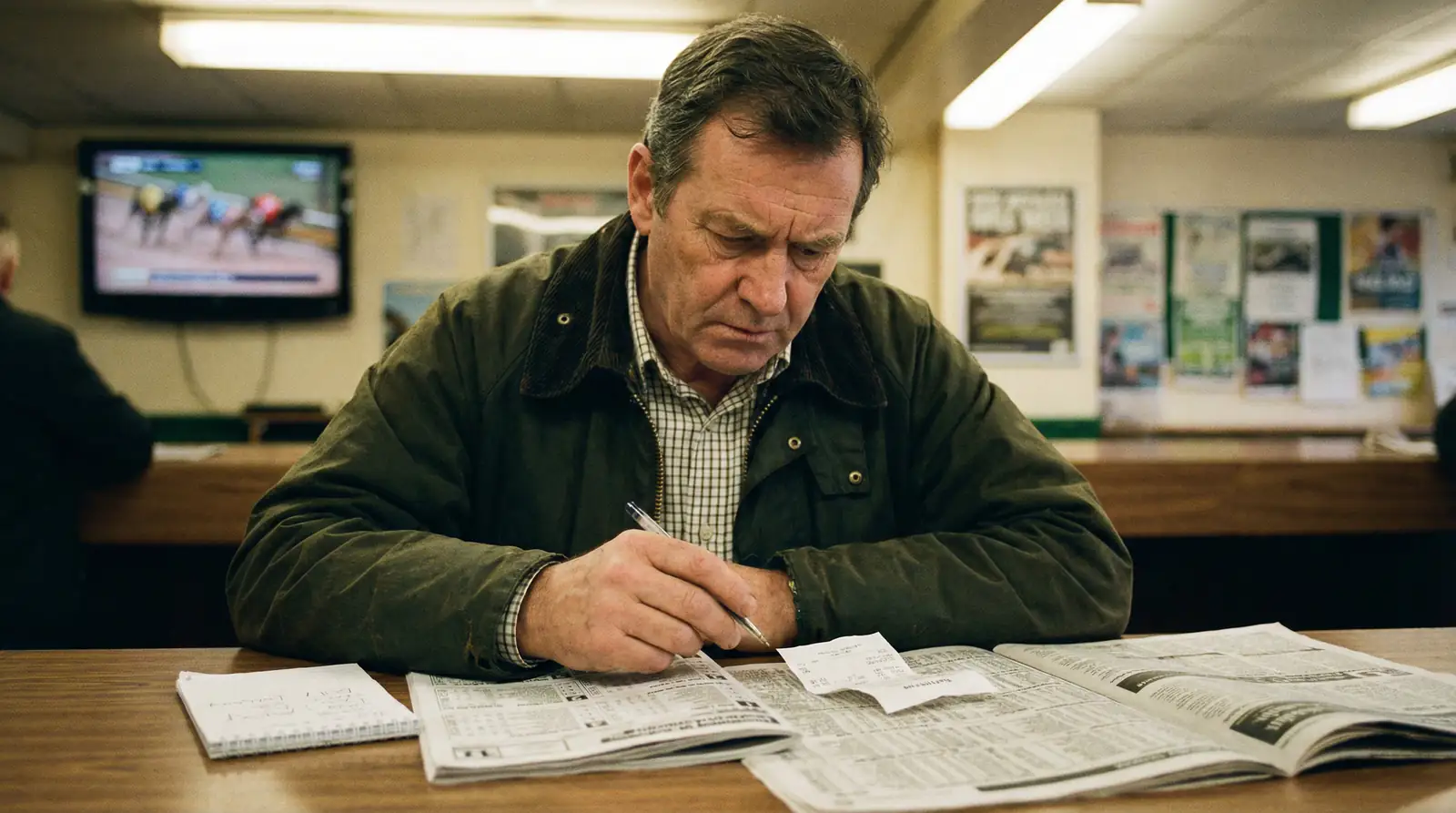 punter studying a greyhound racecard with a pen at a UK bookmaker