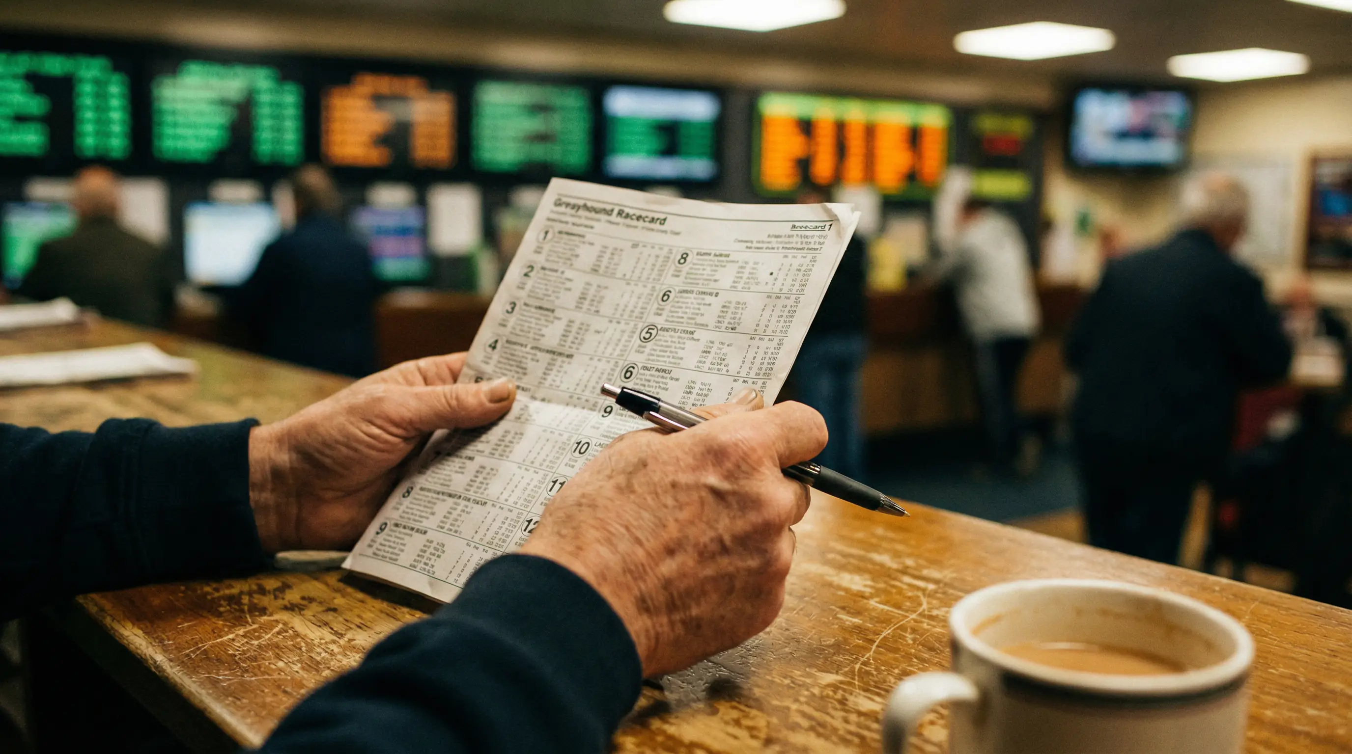 close-up of a printed greyhound racecard on a bookmaker counter