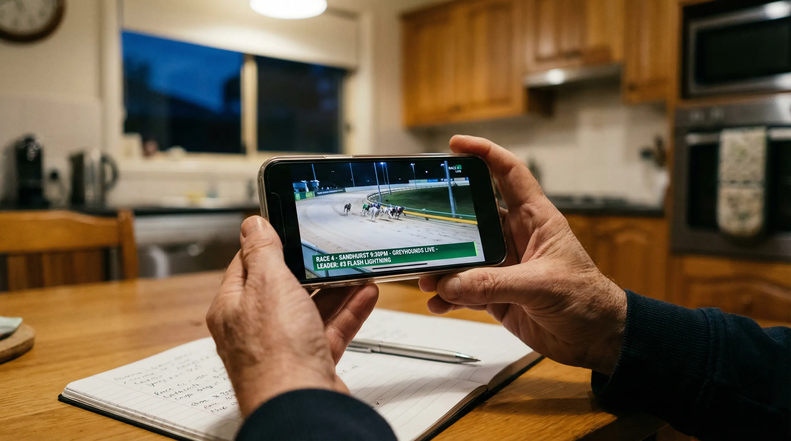 Person watching a live greyhound race stream on a smartphone with a betting app open