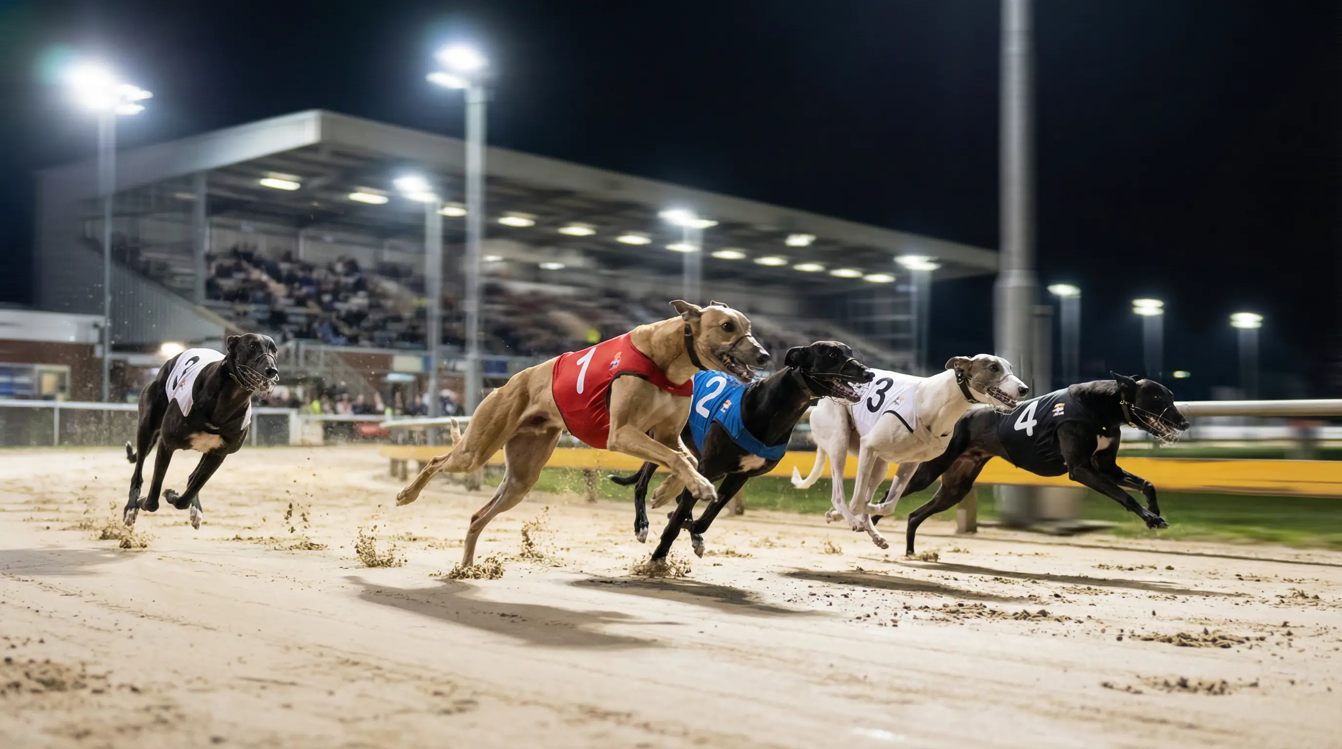 greyhounds sprinting out of the starting traps during a race at a UK stadium