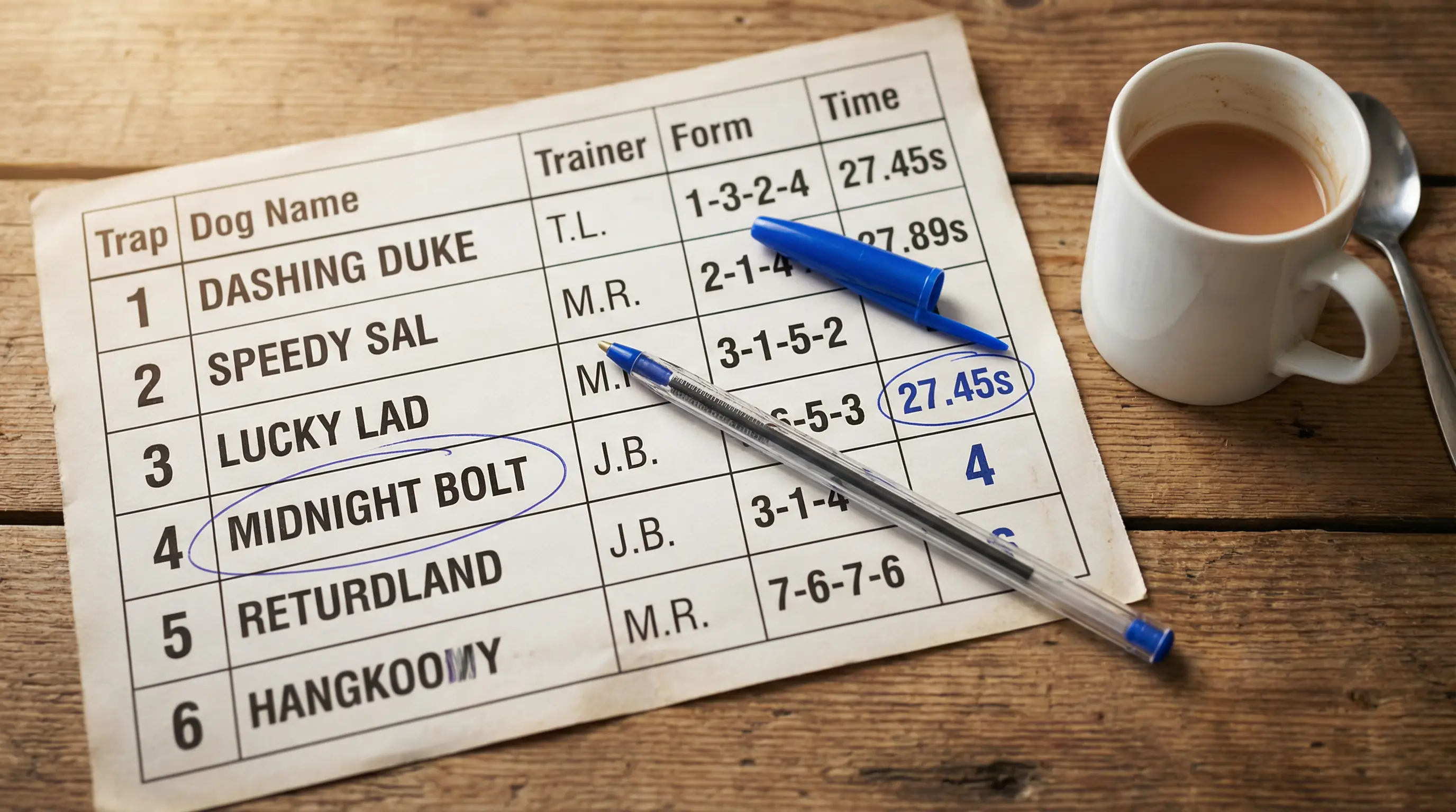 Close-up of a greyhound racecard showing trap numbers, form figures and race times