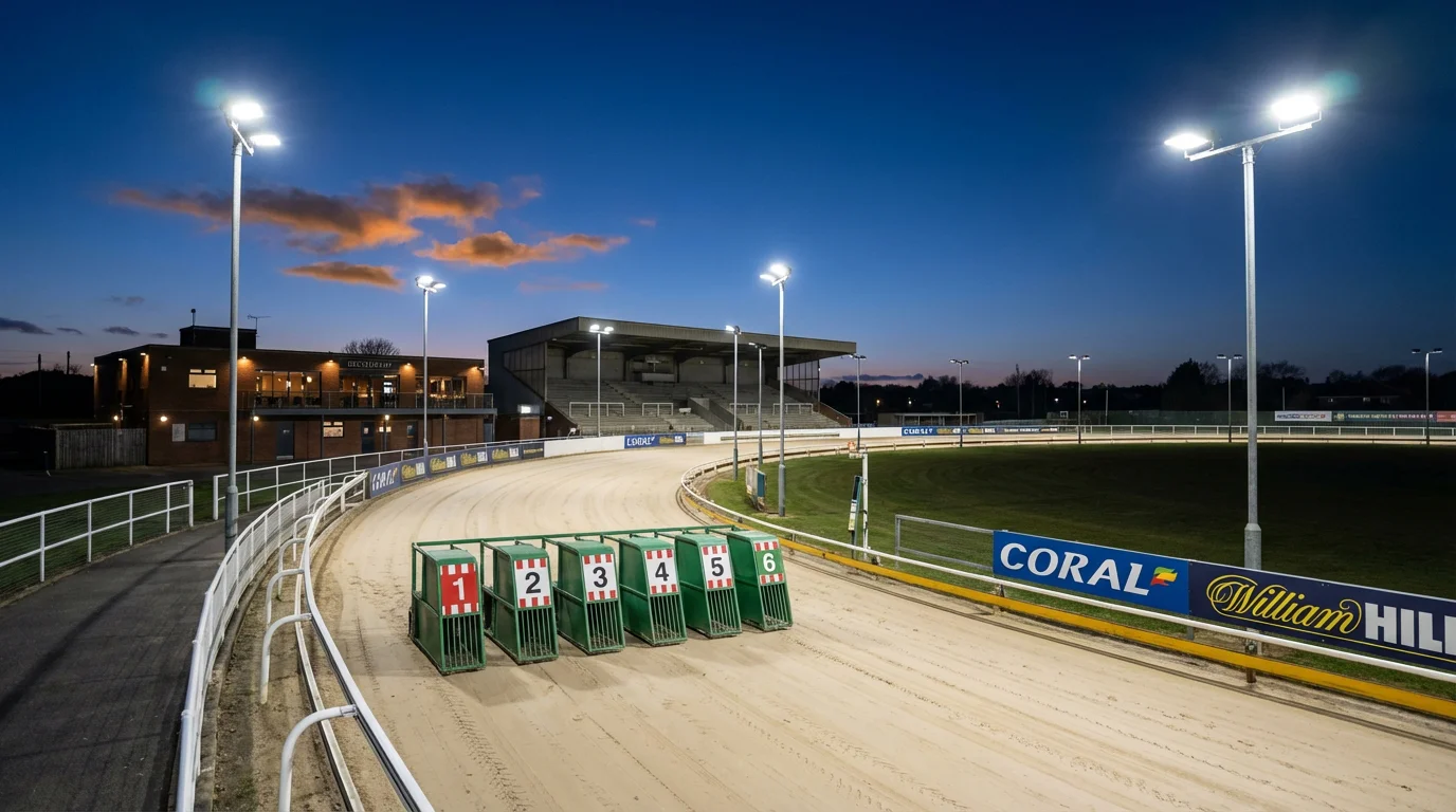 Kinsley Greyhound Stadium floodlit track with sand surface and starting traps at dusk
