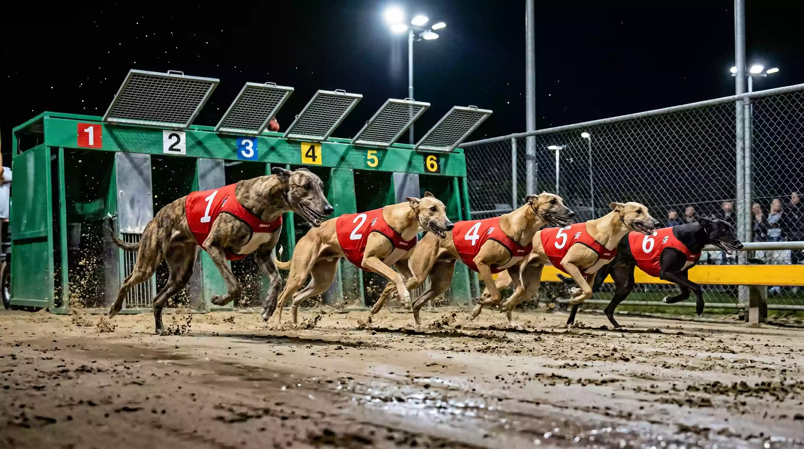 Six greyhounds breaking from starting traps and racing towards the first bend on a floodlit sand track