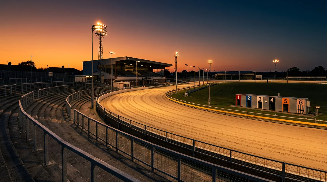 wide view of an empty UK greyhound racing track with sand surface and floodlights
